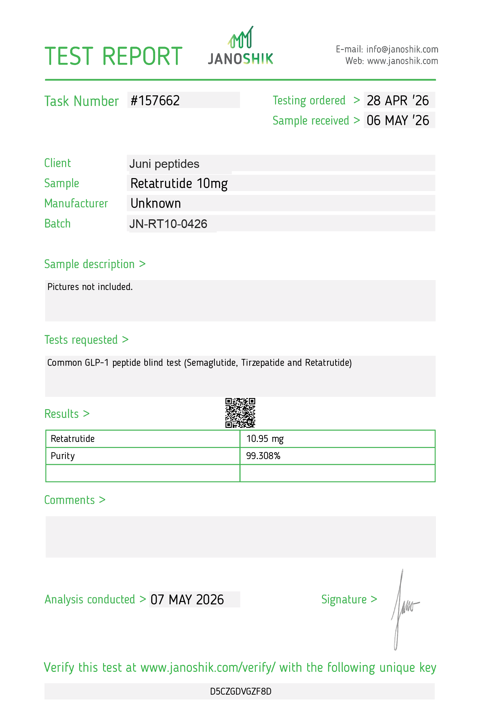 Certificate of Analysis report for Selank, batch JN-RT10-0426